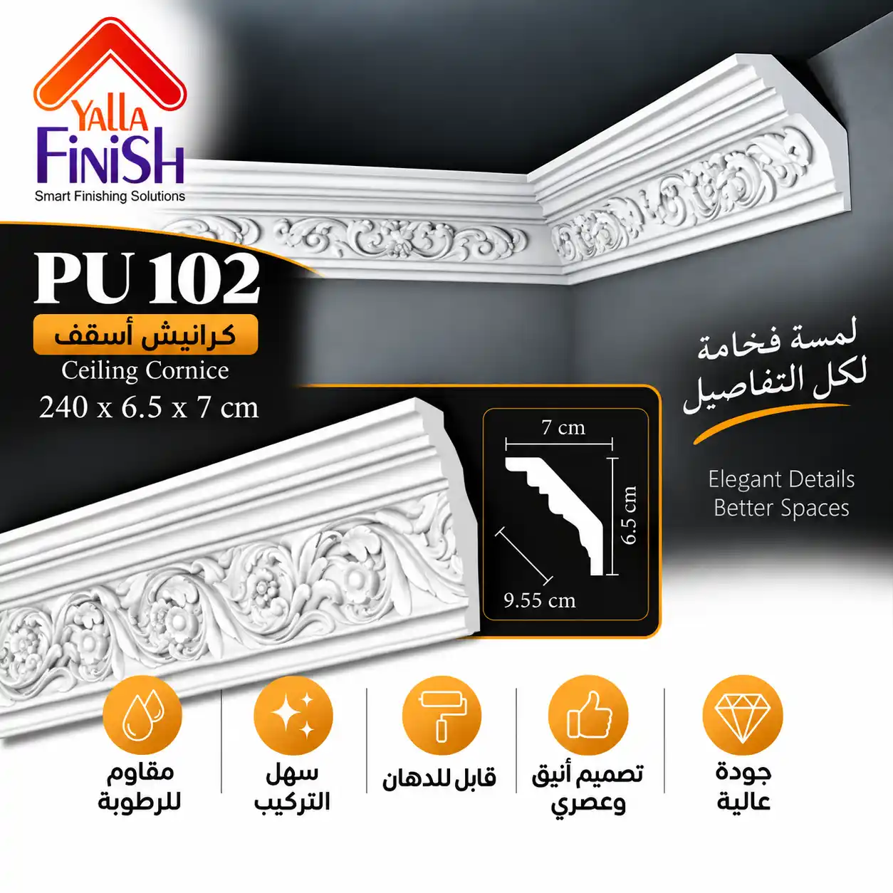 كرانيش اسقف PU عرض 9.5 سم