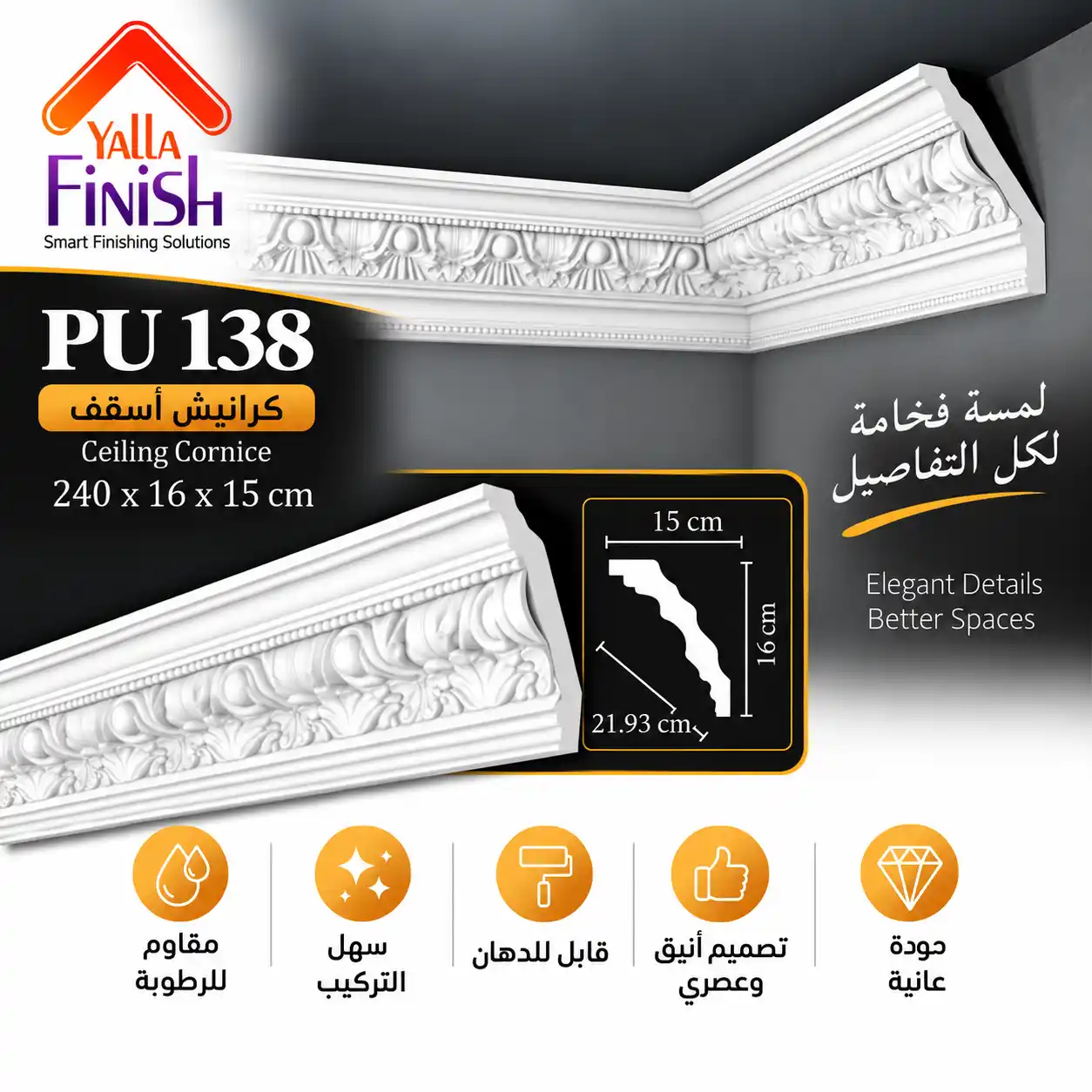 كرانيش اسقف PU عرض 22 سم