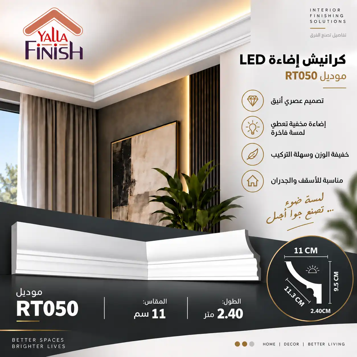 كرانيش بي اس ليد – RT050 – كرانيش ليد – ابيض – 2.4 متر – كرانيش ليد 11 سم